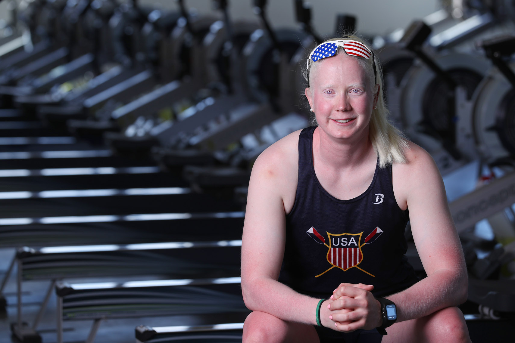 Olympic para rower Jaclyn Smith in the "erg" room for a portrait.