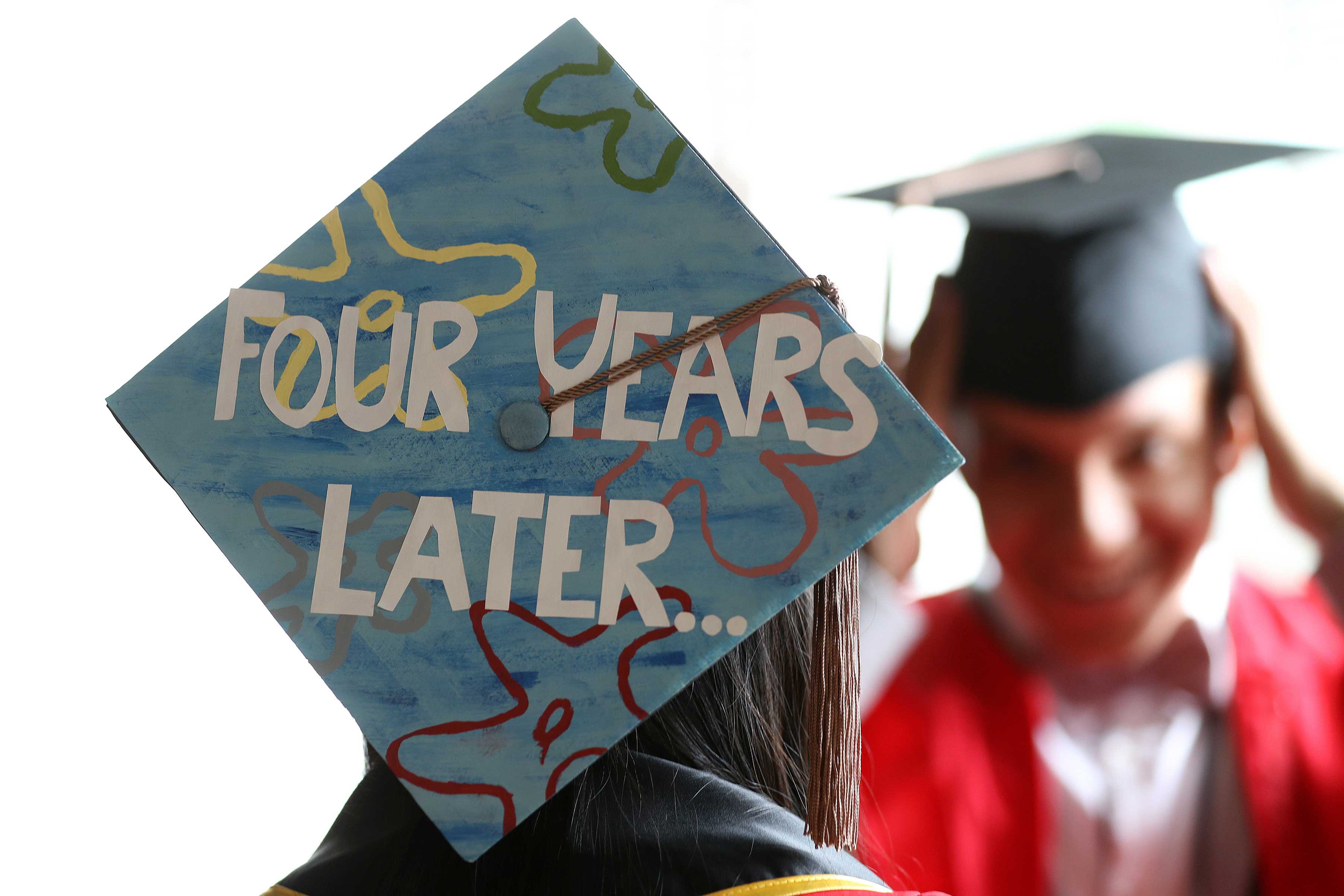 A mortar board spells out the journey of a recent graduate of Boston University.