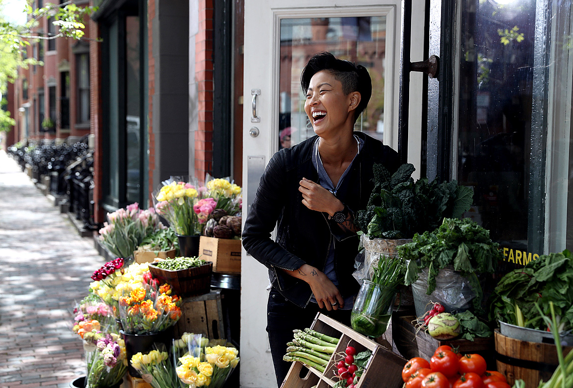  Chef Kristen Kish reacts while shopping for groceries in Boston