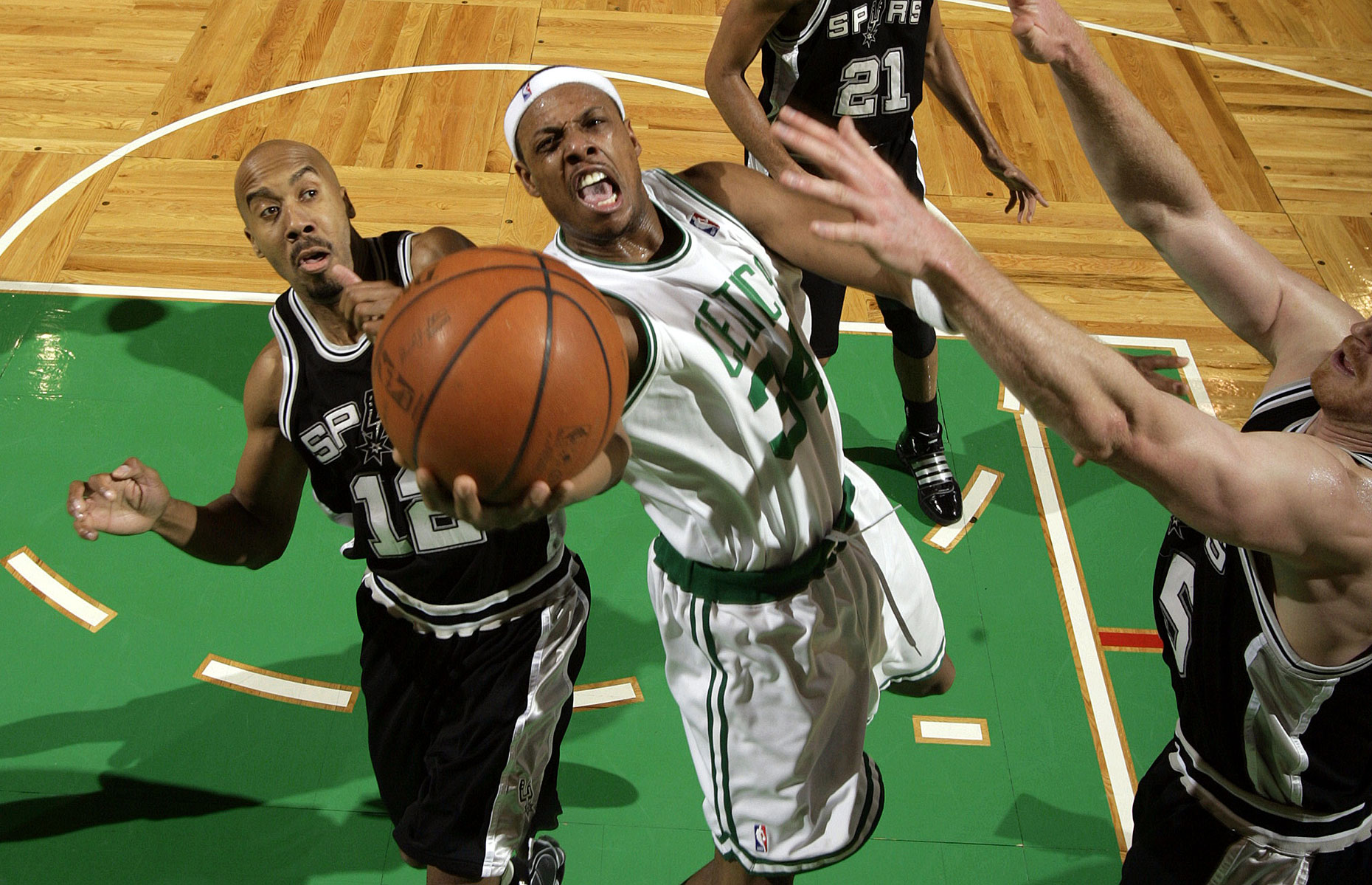 In an elevated view Boston guard Paul Pierce scores against San Antonio Spurs.