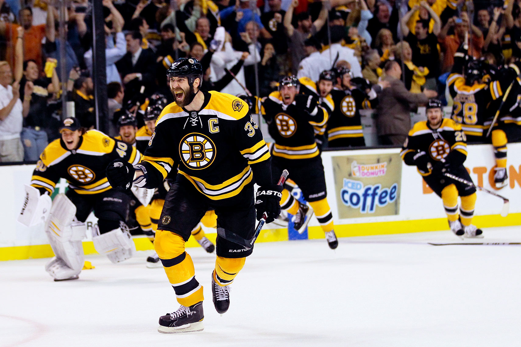 Bruins captain Zdeno Chara reacts to a win in the NHL  Conference Finals in 2011.