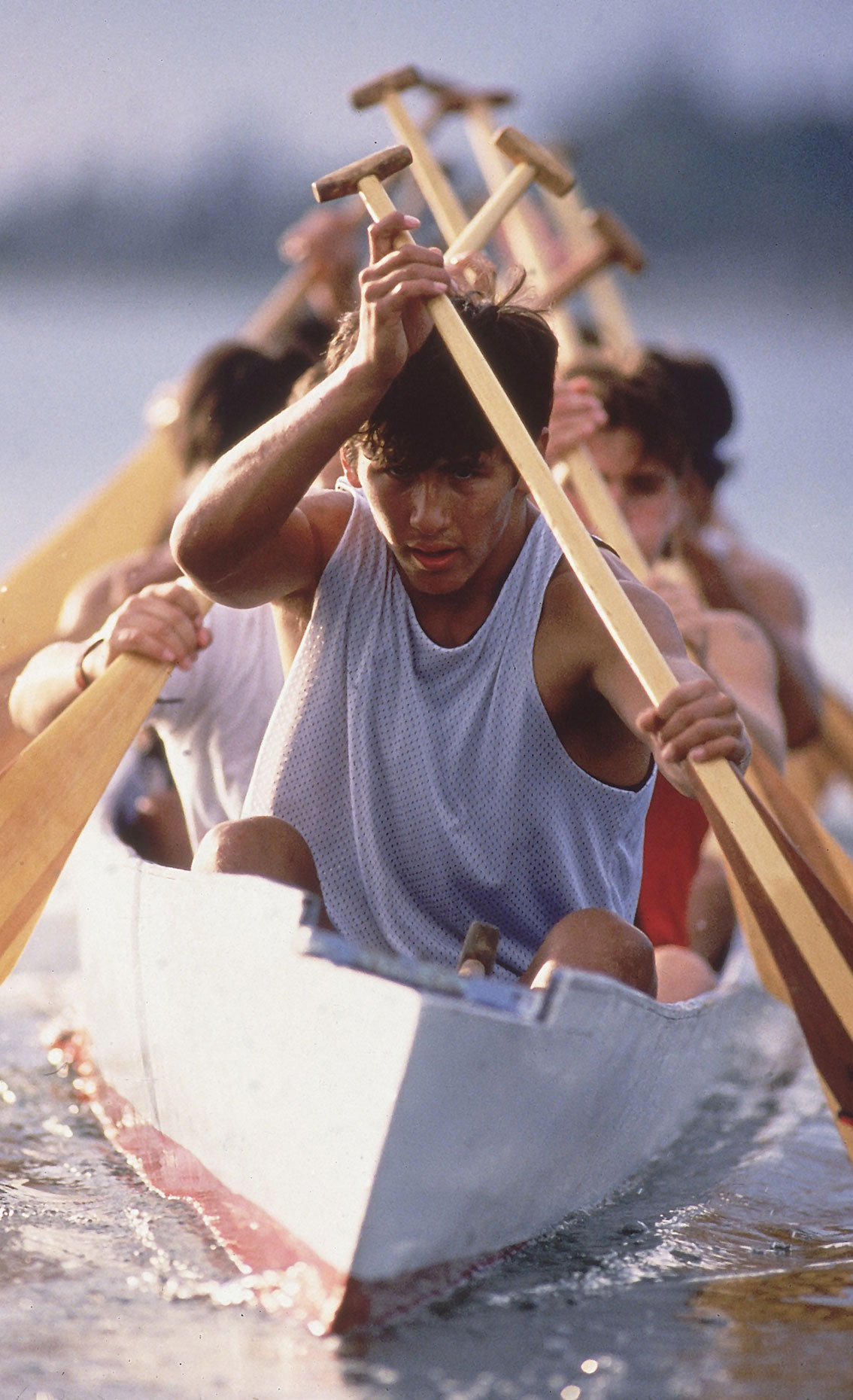 Rowers on the Lummi Indian reservation row a "War Canoe."