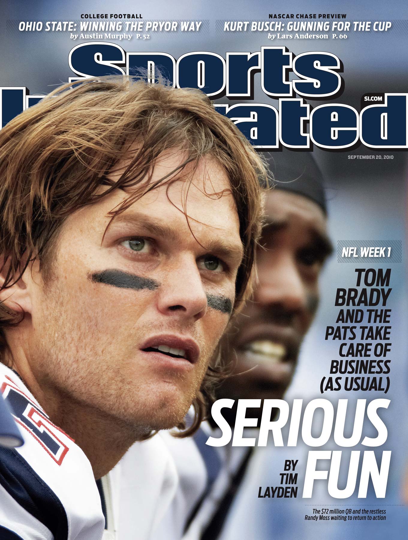 Tom Brady is shown on the bench without a helmet in a Sports Illustrated cover. 